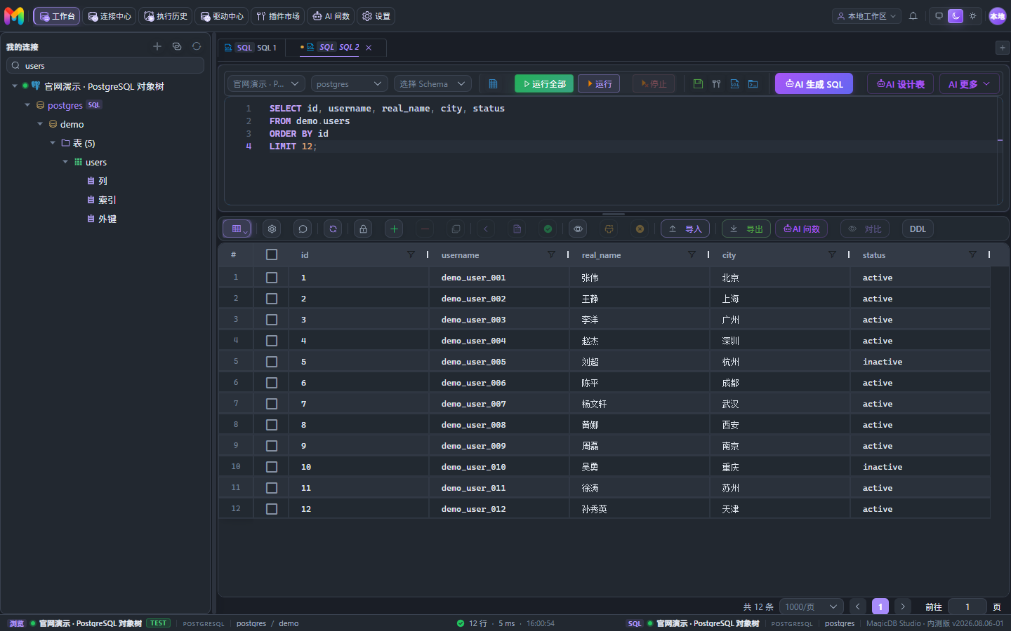 PostgreSQL 工作台左侧对象树展开 demo Schema 的 users 表，右侧显示查询与十二行结果